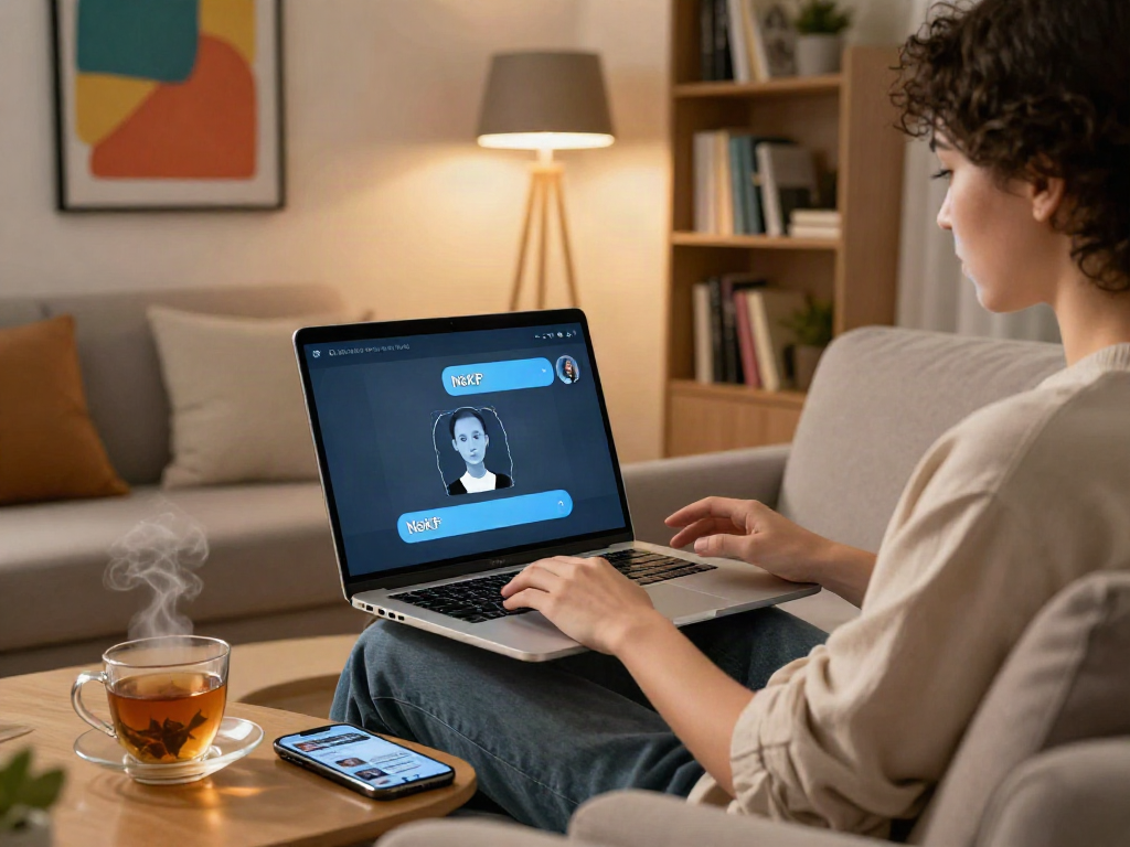 Interactive nsfw chat bot experience in a cozy environment with a laptop user.
