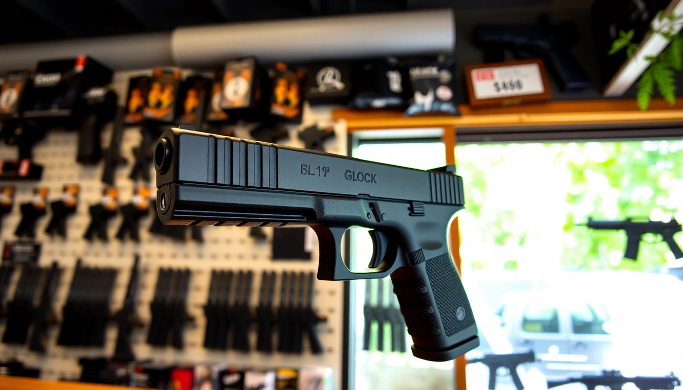 Examine the glock 19 slide showcasing precision engineering in a vibrant gun shop.