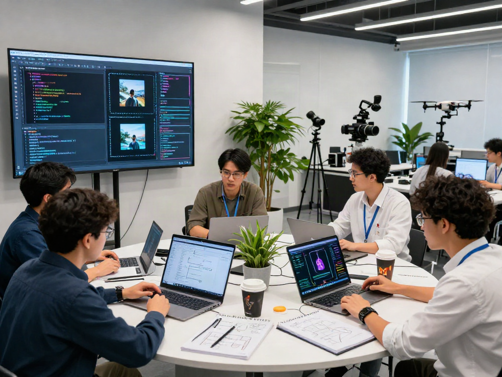 AI Image Detection technology in a high-tech lab with a diverse team analyzing results and data.