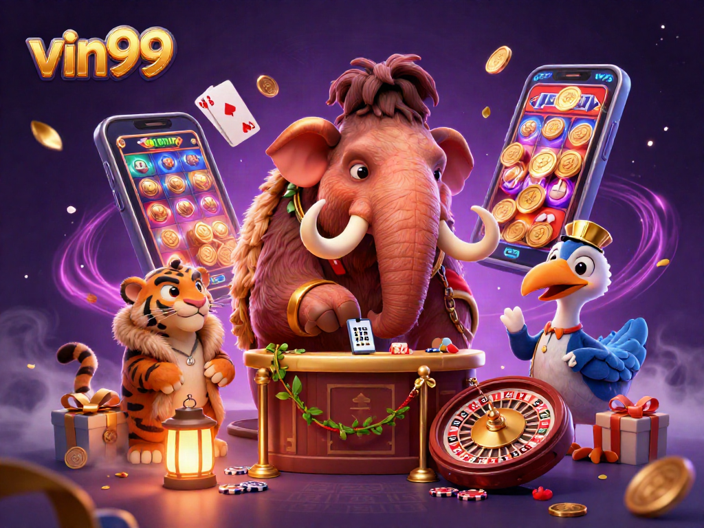 Experience the excitement of vin99 with a vibrant 3D casino scene showcasing a woolly mammoth bouncer.