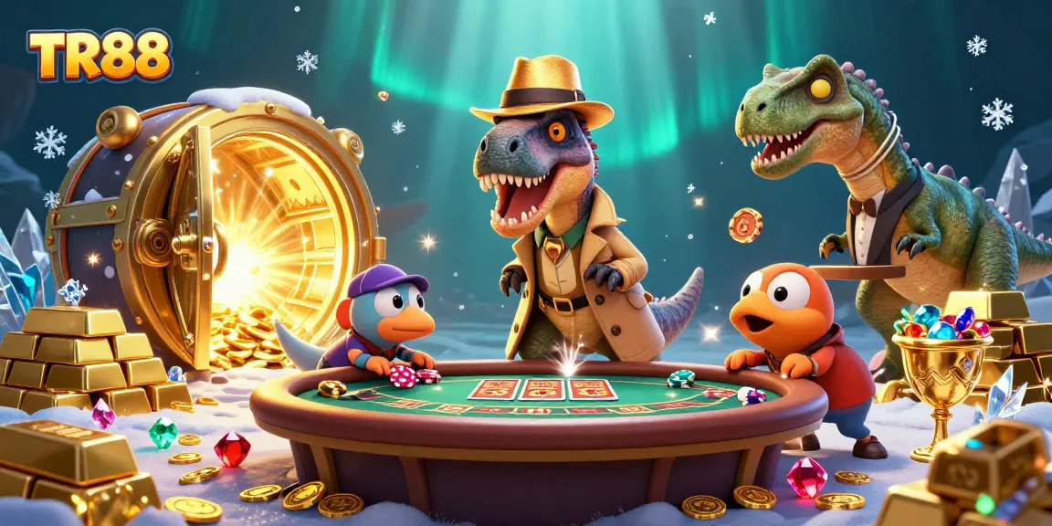 Experience TR88 with a dynamic illustration of a velociraptor card counter and casino elements.