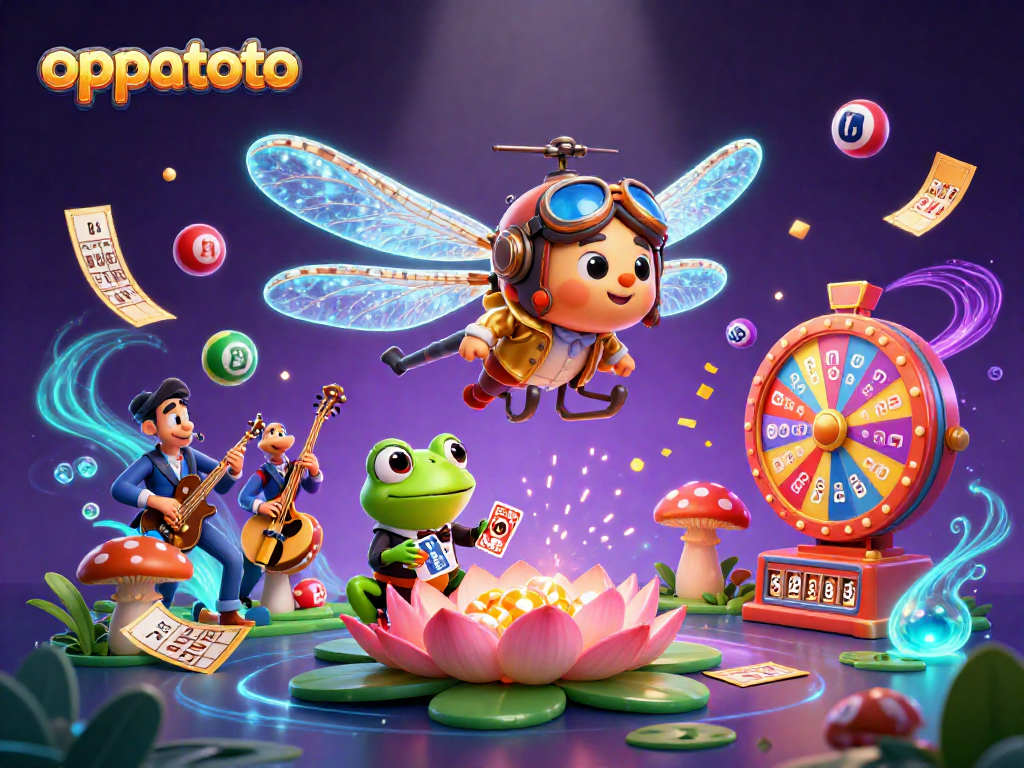 Engage with oppatoto's vibrant lottery scene featuring a dragonfly pilot and a frog dealer.