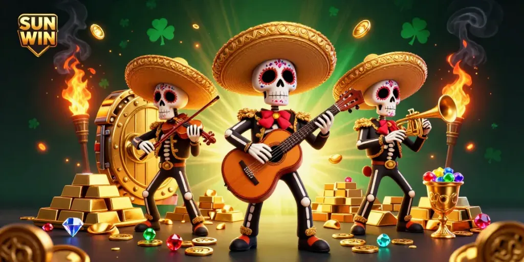 Experience the thrill of the SUN WIN gaming scene with vibrant mariachi characters and gold treasures.