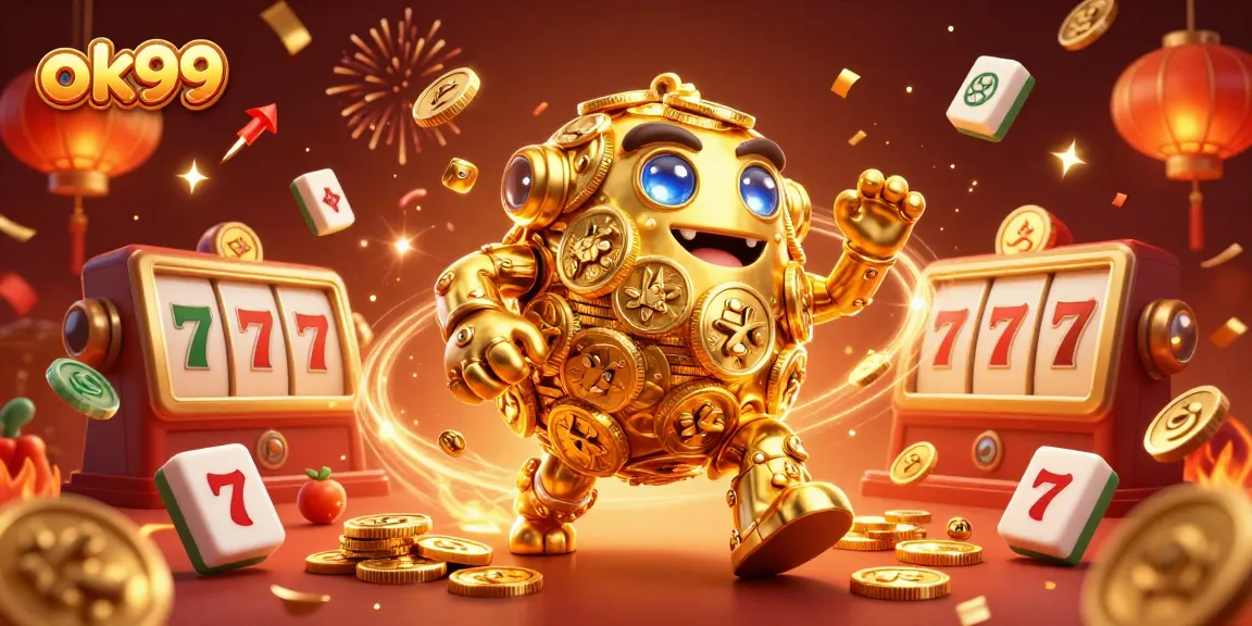Spin the reels with ok99 in this vibrant casino scene featuring a golden golem and slot elements.