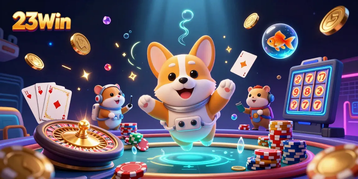 Engage in thrilling online gaming with 23Win's exciting colorful scene filled with casino excitement.