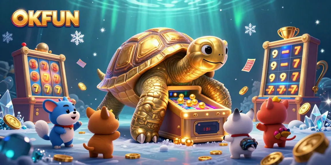 Engaging scene of OKFUN featuring a colossal golden tortoise pinball machine with golden balls, sports elements, and vibrant casino graphics.