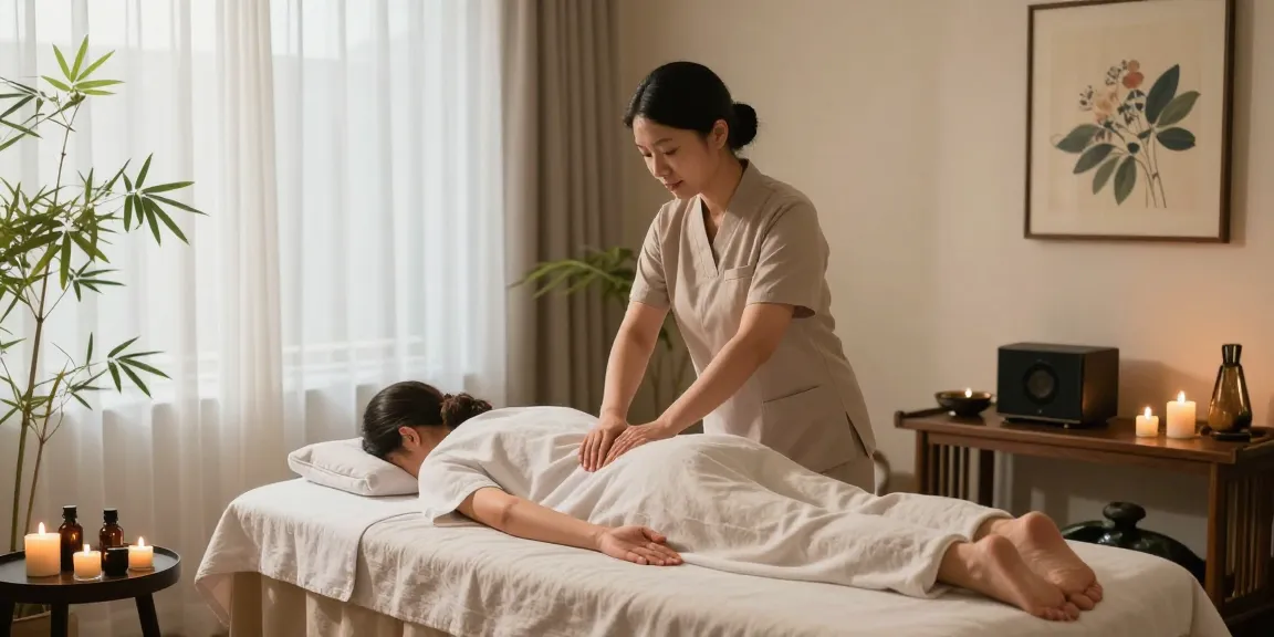 마사지 테라피 중인 고객과 치료사, 아로마 향과 조명으로 조화로운 스파 분위기