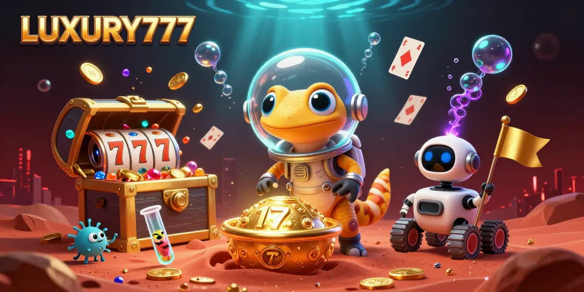LUXURY777 menghadirkan gecko Mars yang menemukan kasino emas dengan elemen permainan di sekitarnya.