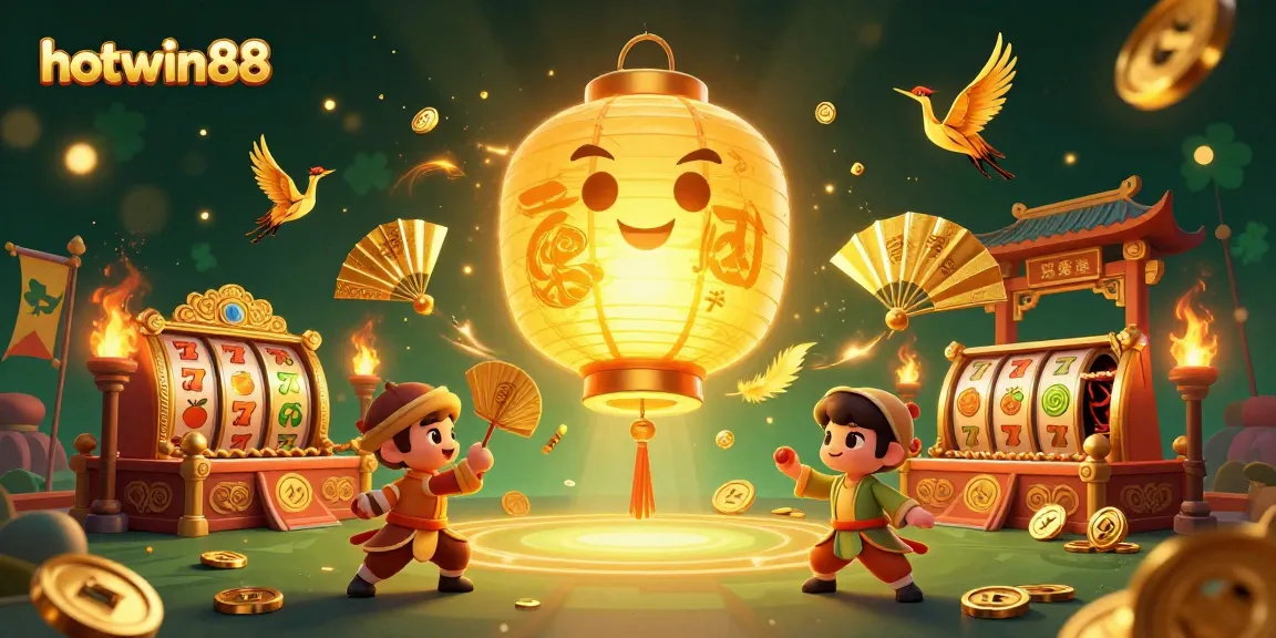 Experience the thrilling atmosphere of hotwin88 with golden slot symbols and festive elements in a vibrant casino scene.