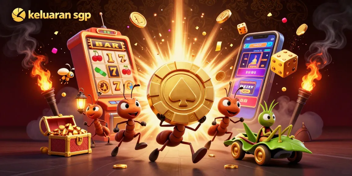 Engage with the keluaran sgp scene featuring ants on a heist carrying a giant chip amidst casino chaos.