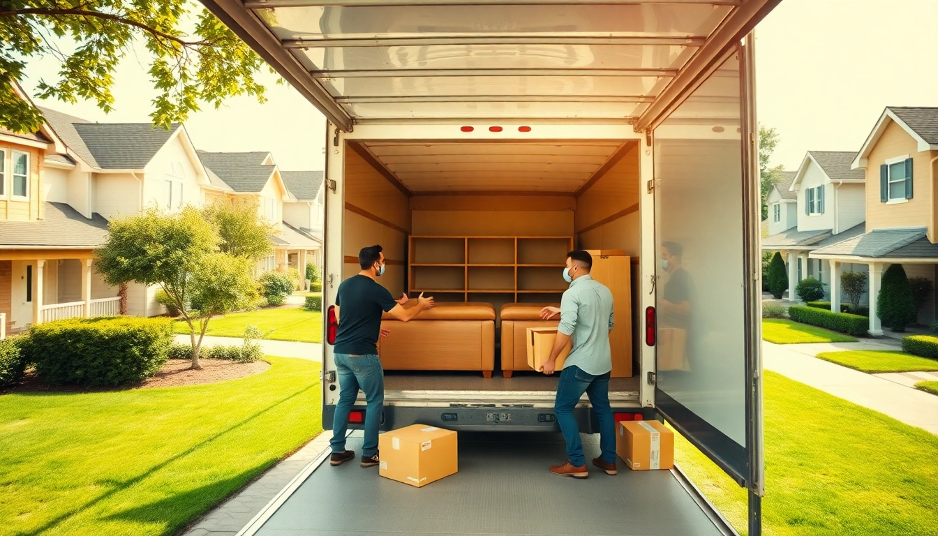 Movers providing efficient moving services by loading a truck with organized boxes and furniture.