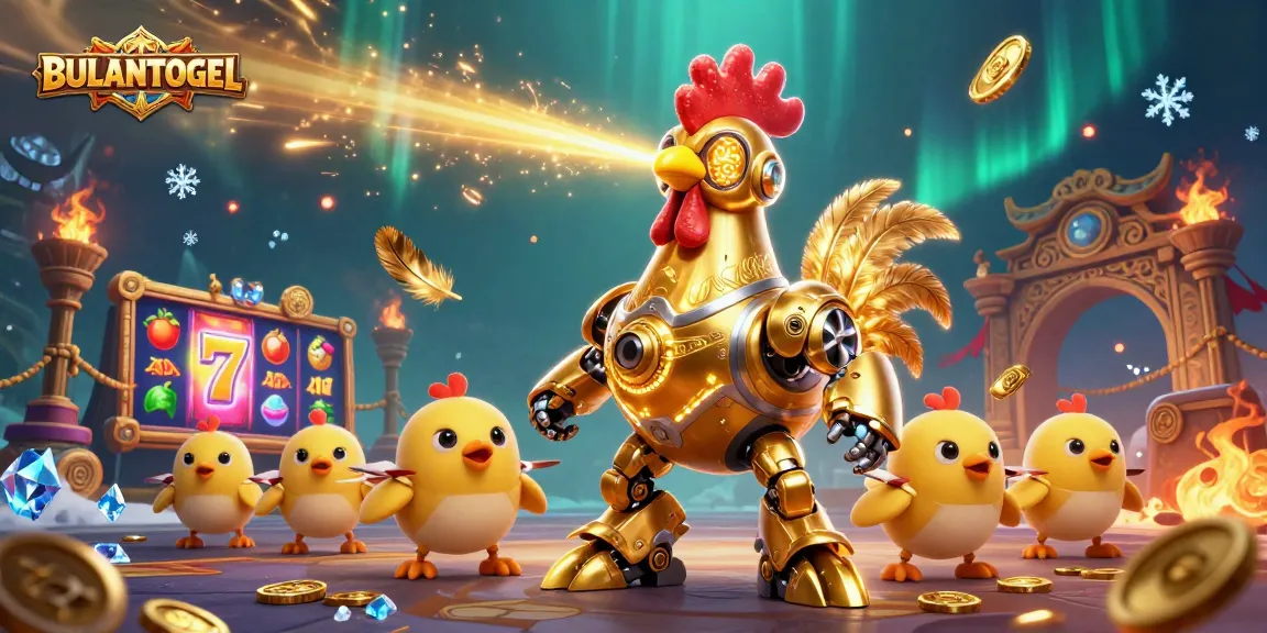 BULANTOGEL champions slot gaming with a golden rooster robot and chick drones in a vibrant arena.