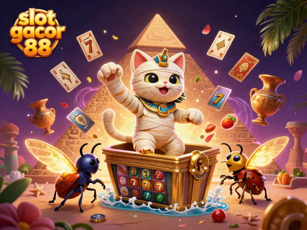 Engage with slot gacor 88 as a 3D mummy cat burst from a sarcophagus amid casino elements.
