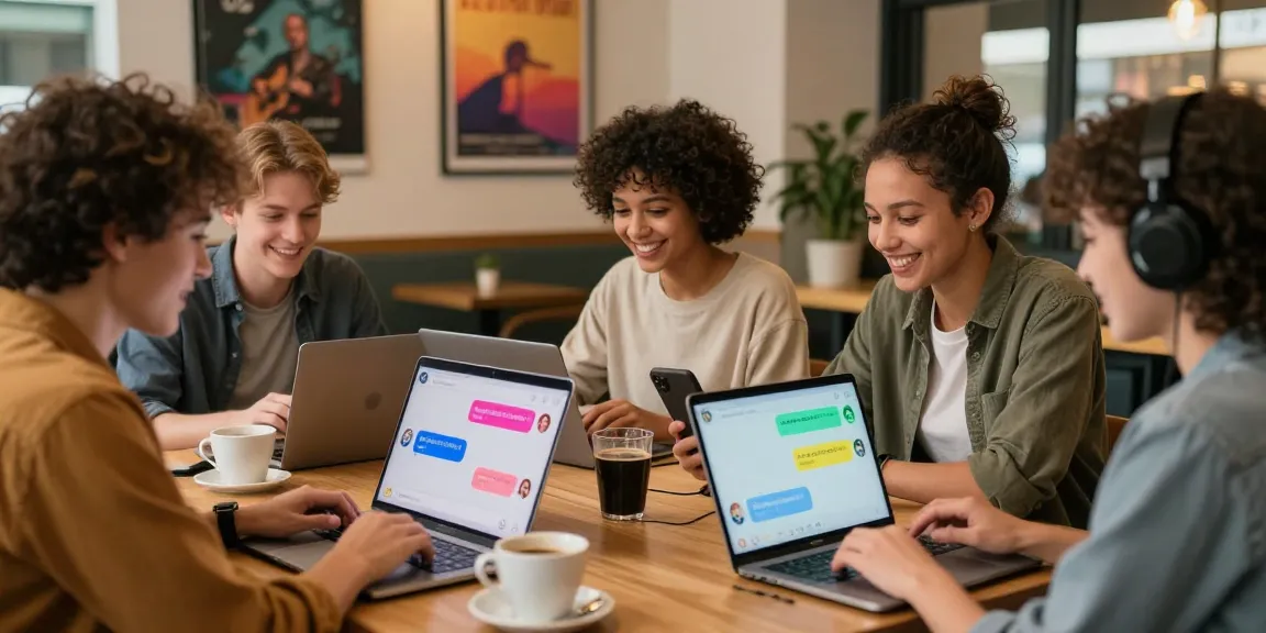 Engaging group enjoying flirty nsfw chat conversations in a cozy café.