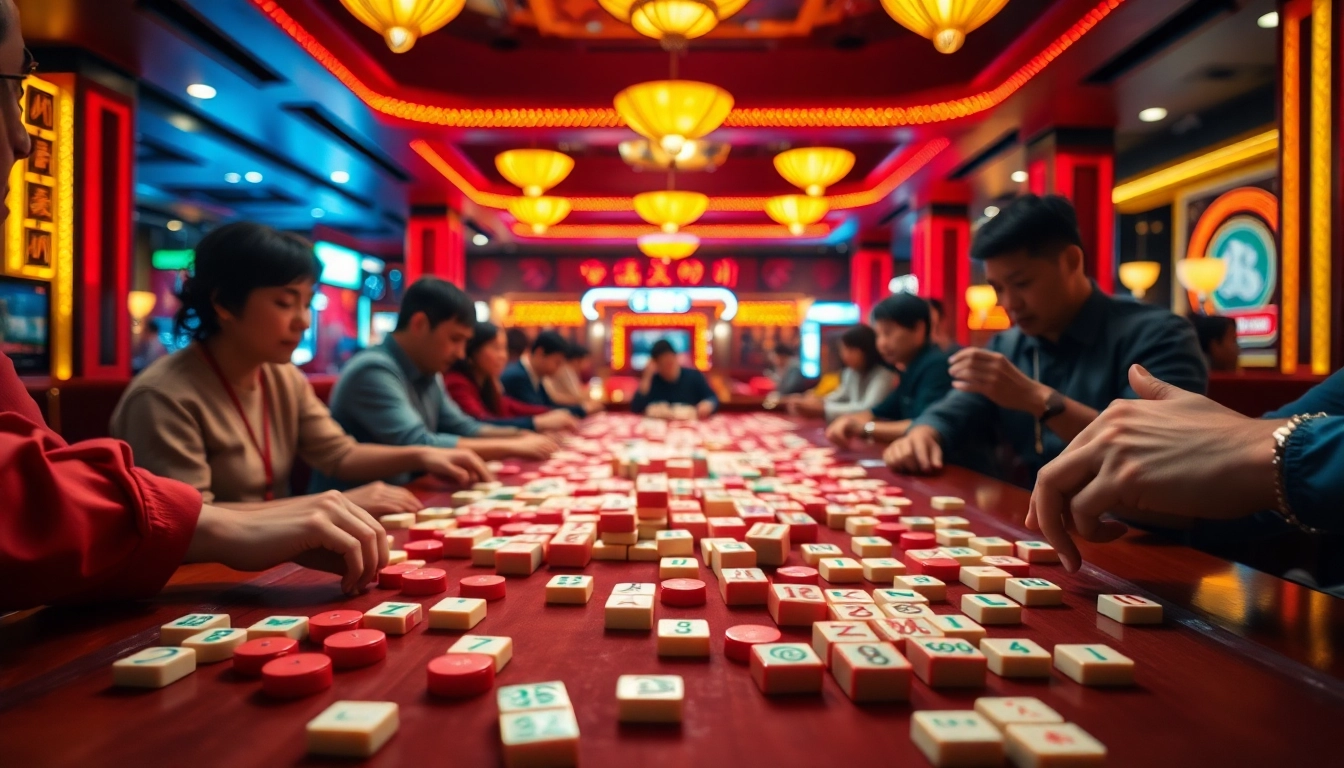 Bermain bossmahjong di kasino yang hidup dengan pemain fokus dan lampu neon berwarna-warni.