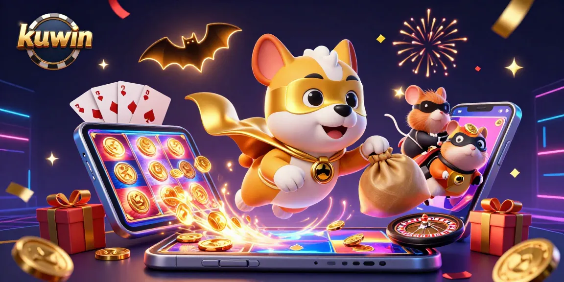 Kuwin gaming thrills come alive as a superhero dog and a hamster soar through a vibrant casino world.