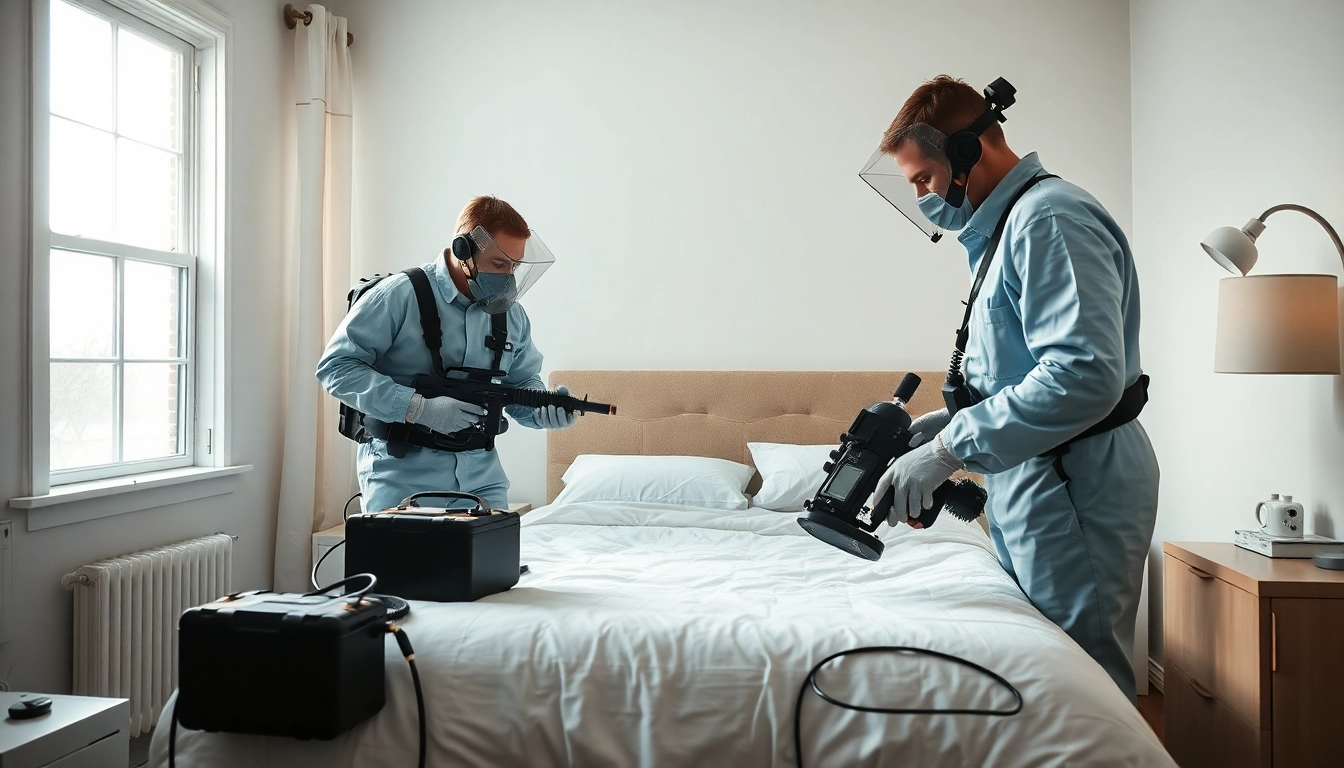 Engaging bed bug pest control service team analyzing and treating a bedroom for infestations.