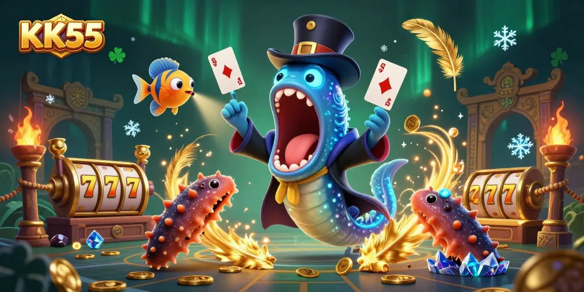 KK55 deep-sea creatures hosting a magical gambling spectacle with vibrant casino elements.