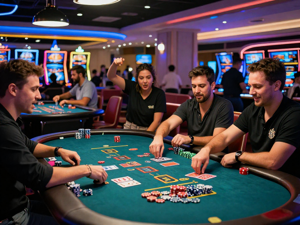 Slot gacor enthusiasts enjoy an exciting casino atmosphere filled with vibrant neon lights, gaming tables, and celebrating players.