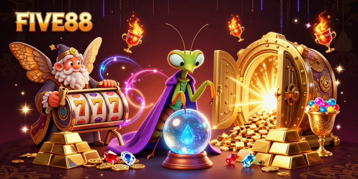 Experience FIVE88 with vibrant casino energy, showcasing dynamic characters and rich gaming elements.