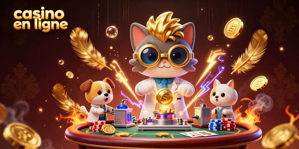 Gagnez au casino en ligne avec un chat scientifique fou et un chien assistant dans un jeu de poker dynamique.