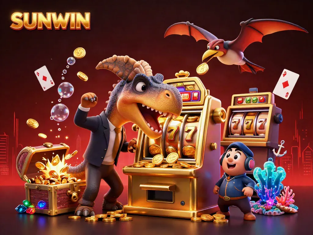 SUNWIN brings excitement to life as the pachycephalosaurus hits the jackpot with coins raining down in a thrilling casino scene.