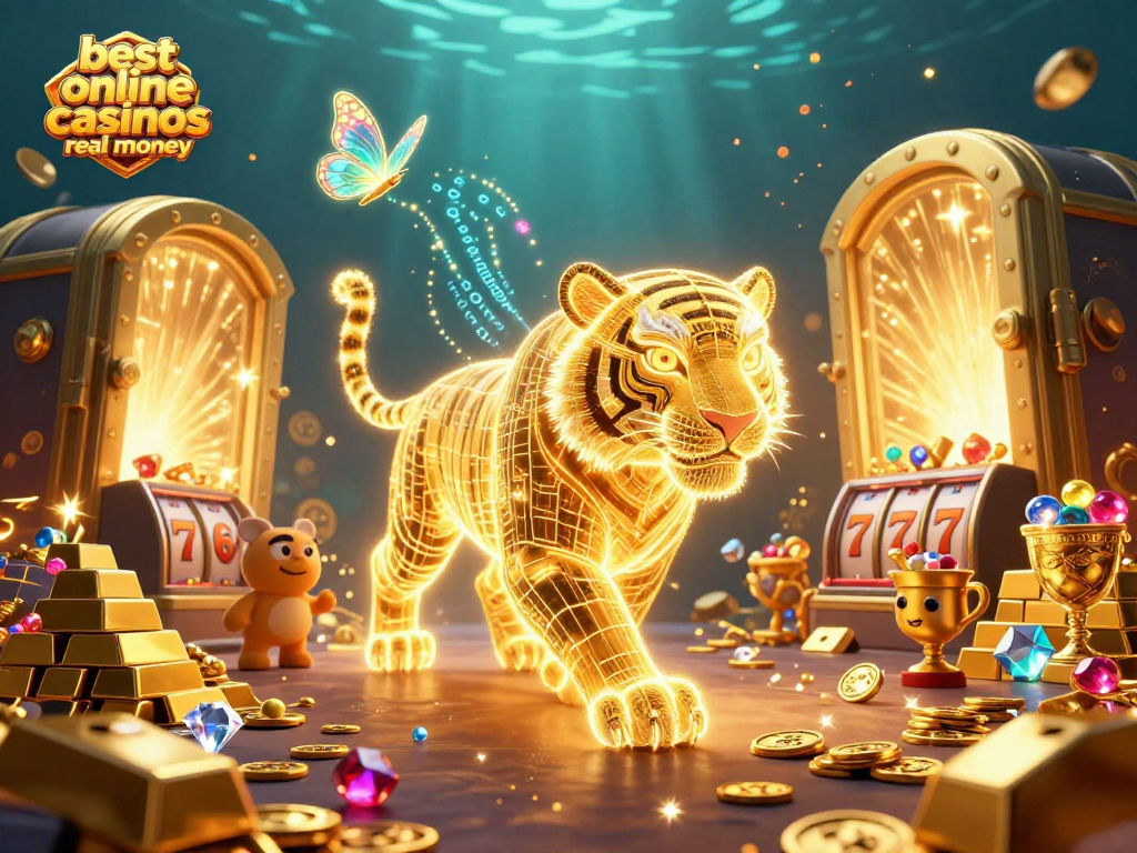Experience the best online casinos real money with vibrant 3D casino scene and illuminated treasures.