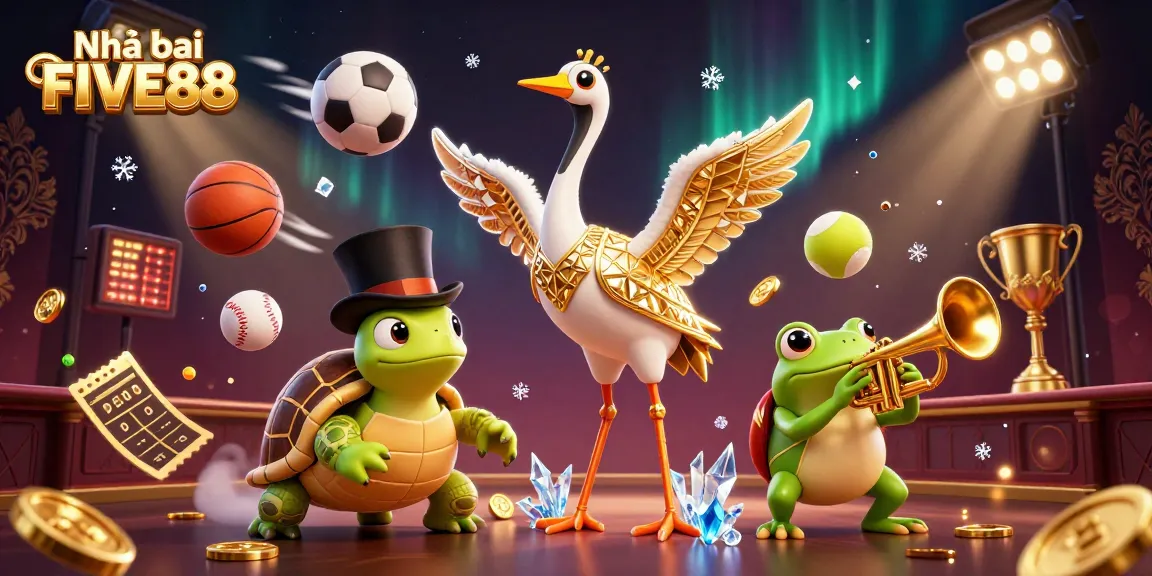 Experience vibrant action with Nhà cái FIVE88 featuring a 3D gaming scene of lively characters and dynamic sports elements.