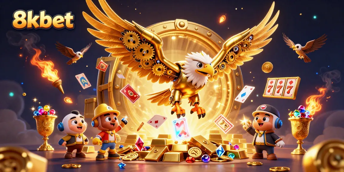 Experience thrilling gameplay with 8kbet's dynamic casino scene featuring golden treasures and holographic cards.