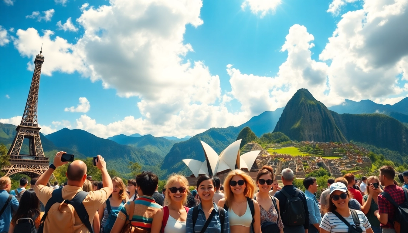Travelers capturing memories at round the world destinations with iconic landmarks.