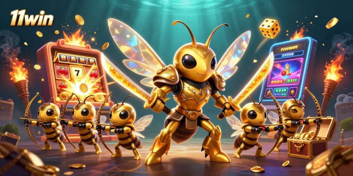 Join the adventure with 11win as you spin the jackpot slots surrounded by vibrant casino elements.