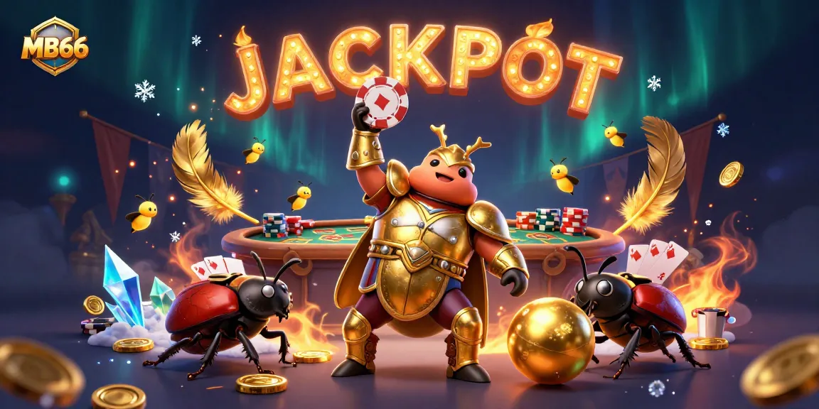 MB66 showcases a victorious hercules beetle lifting a poker chip with dynamic casino energy.