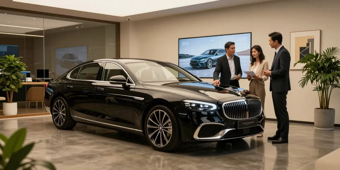 Interior showroom LUXURY 777 dengan mobil mewah hitam dan dekorasi elegan.