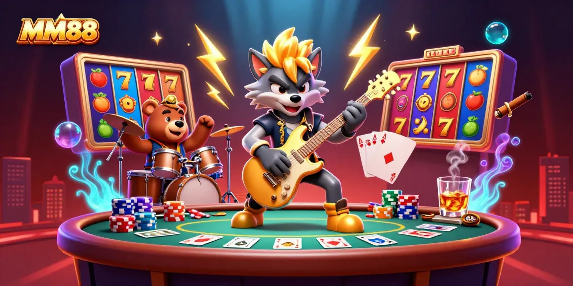 Experience thrilling gameplay at MM88 with a vibrant casino scene showcasing action-packed slots and poker.