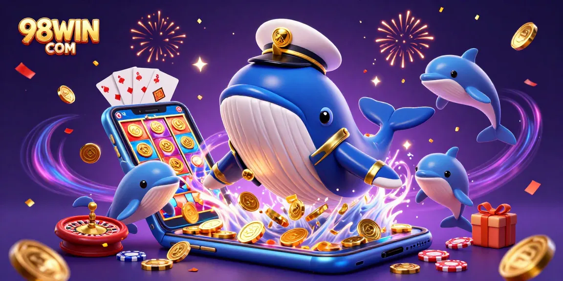 Experience the excitement at 98WIN COM with a colorful casino scene showcasing a breaching whale among golden coins, cards, and more.