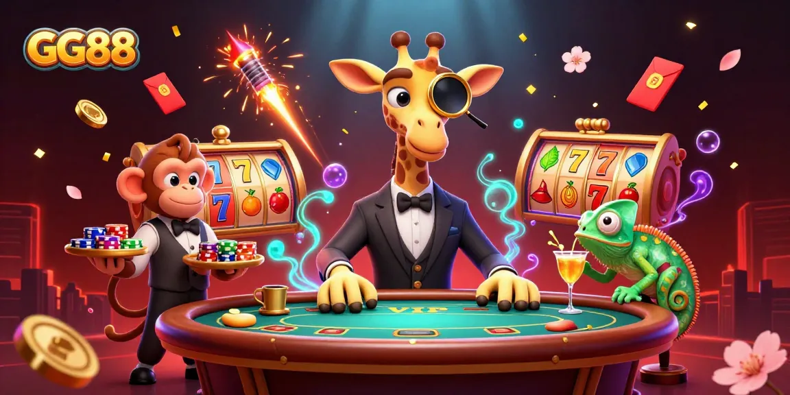 Play at GG88 with a high-roller giraffe and a monkey valet amidst a vibrant casino scene.