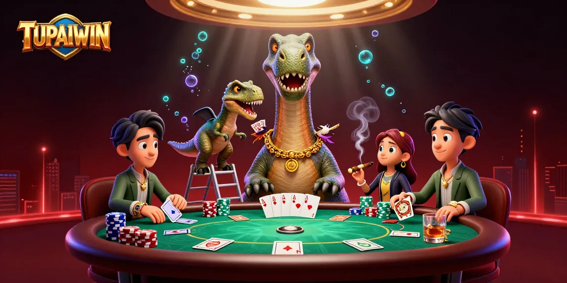 TUPAIWIN menampilkan seekor brontosaurus raksasa di kasino sambil melihat meja poker dengan kartu penuh warna.