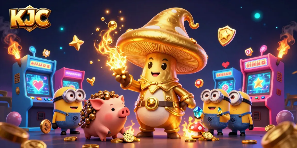 KJC reveals a whimsical wizard scene casting gold magic amidst arcade elements in vibrant 3D.