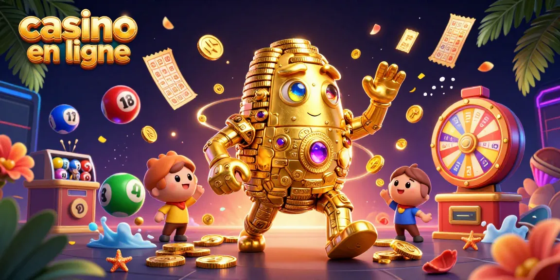 Jouez dans un casino en ligne animé avec un golem doré et des éléments de loterie éblouissants.