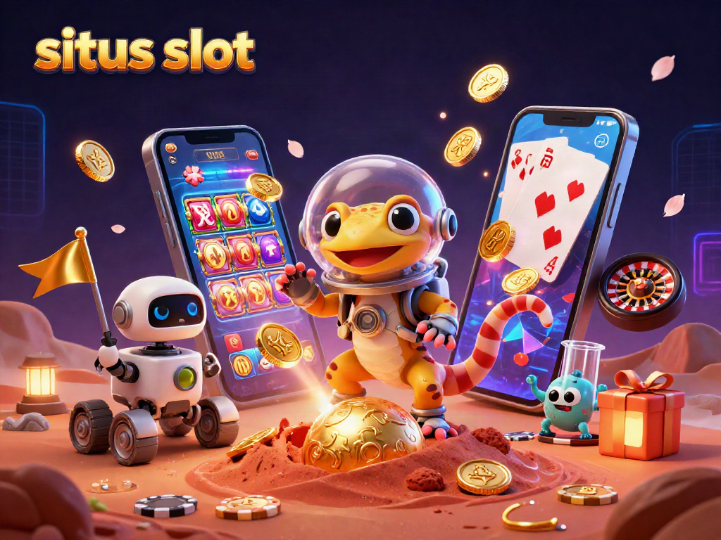 Join an adventure with the Martian gecko discovering situs slot treasures amidst golden coins and vibrant gaming elements.