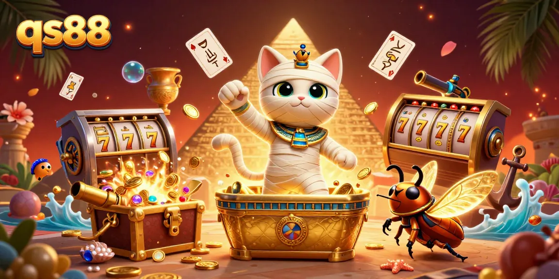 Engage with qs88's casino atmosphere, featuring a cartoon mummy cat amid gold coins and vibrant slot elements.