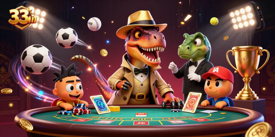 Engage in thrilling gameplay with 33win featuring a cartoon velociraptor at a blackjack table.