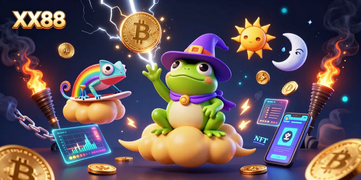Experience thrilling wins with XX88, a rich scene of cartoon characters and glowing crypto coins.