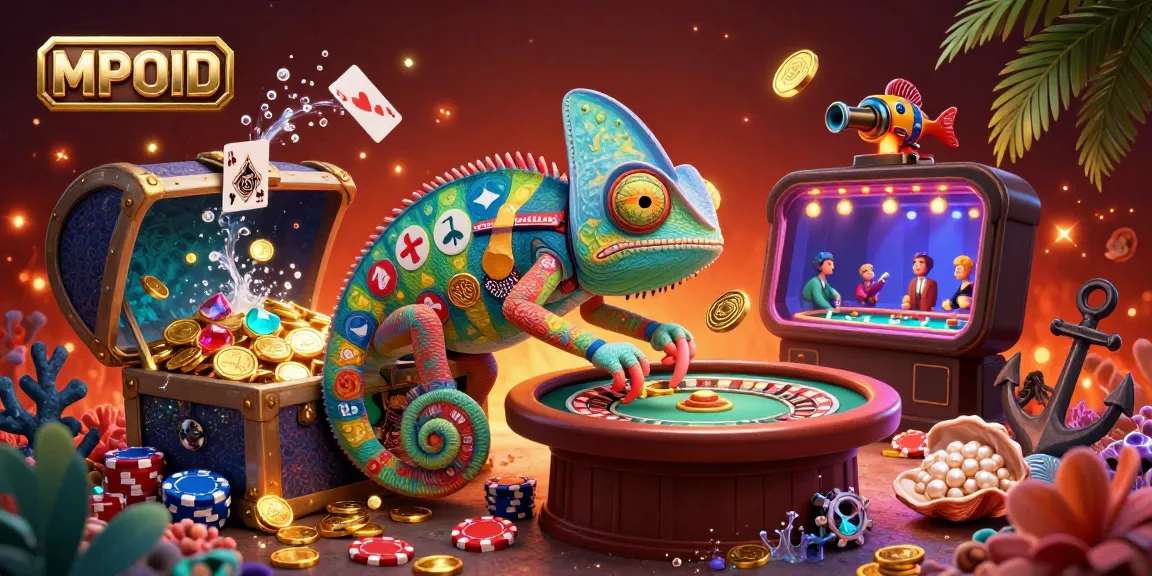 MPOID captures a playful chameleon casino owner amidst bursts of gold coins and lively playing cards.