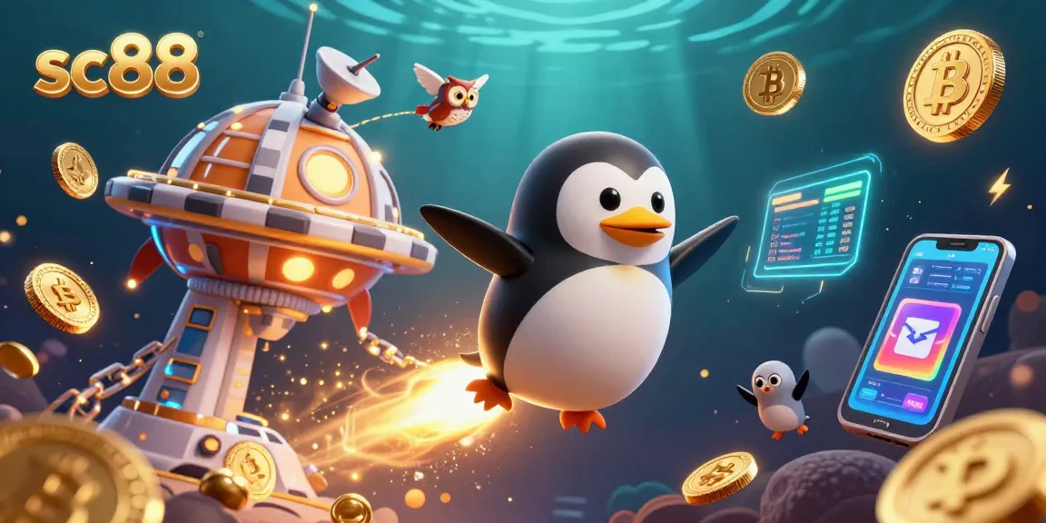 Experience the thrill of sc88 with a vibrant 3D casino space scene featuring a rocket-powered penguin.