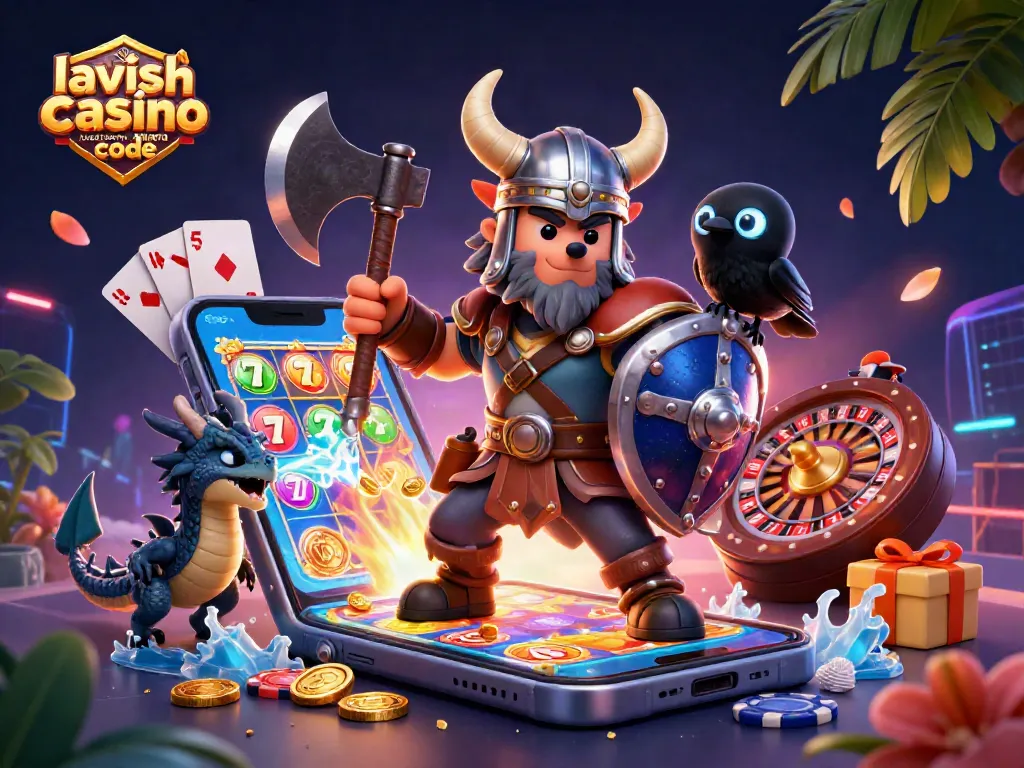 Engage with Lavish Luck Casino Reward Code excitement through vibrant gaming elements, including golden coins and slot reels.