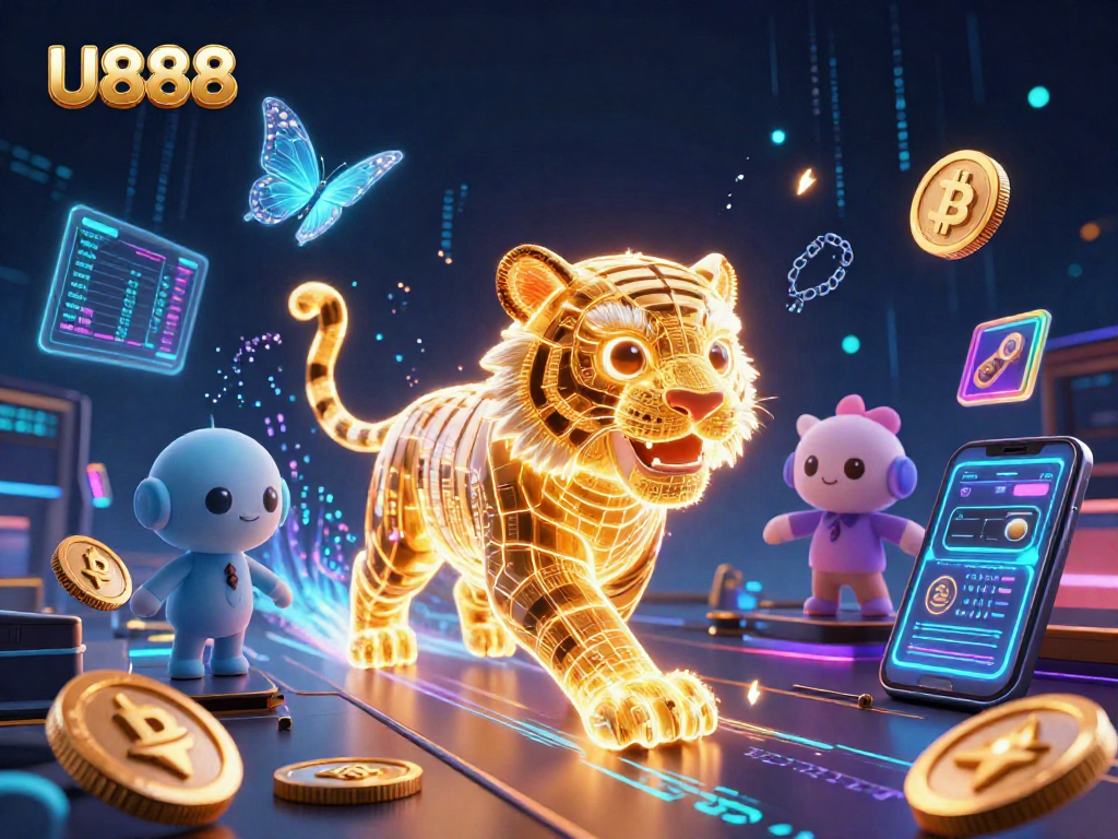 Engage with U888's vibrant digital casino world featuring a golden tiger amidst cryptocurrency excitement.