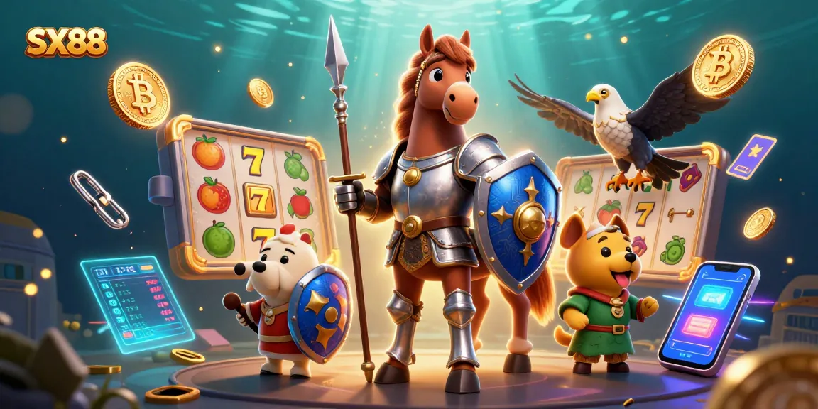 SX88 engages players in a vibrant casino scene with knights, crypto elements, and slot symbols.