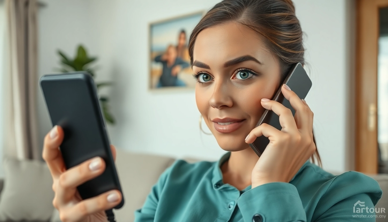 Woman investigates who called me on a smartphone in a cozy living room.