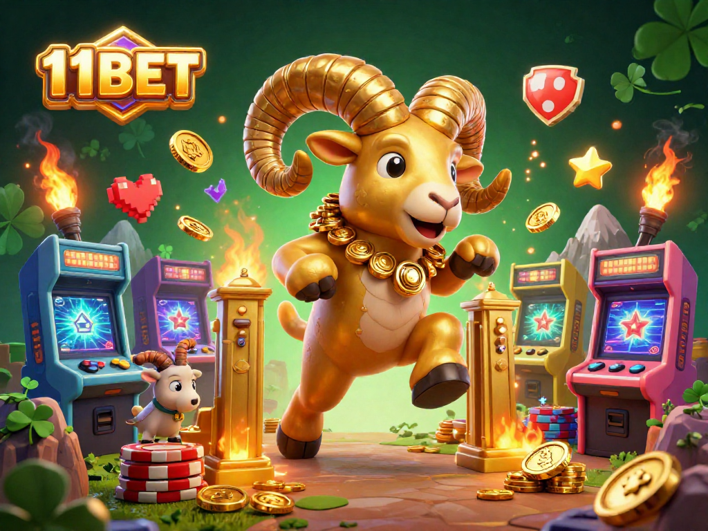 Engage with 11BET's exciting gaming world featuring a dynamic golden ram and casino elements.